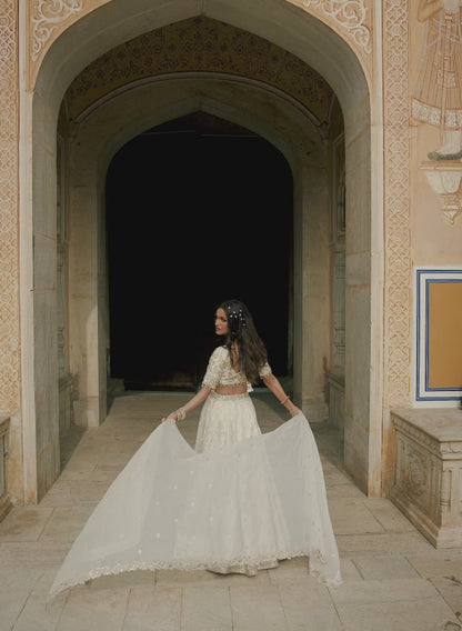 Off White Embroidered Brocade Lehenga