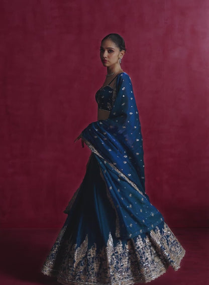 Peacock Blue Embroidered Organza Lehenga