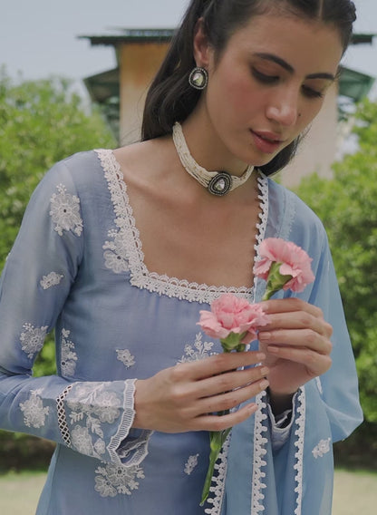 Dusty Blue Embroidered Cotton Straight Suit