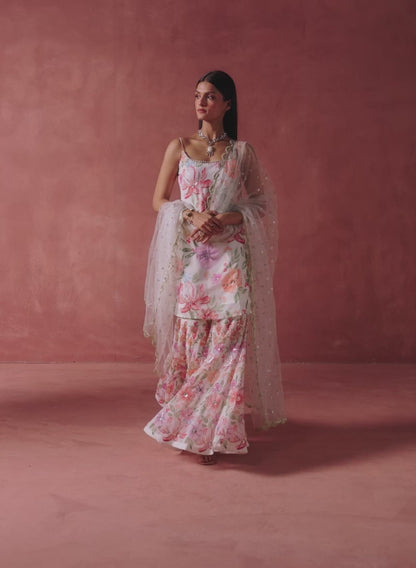 White and Pink Floral Printed Gharara Suit