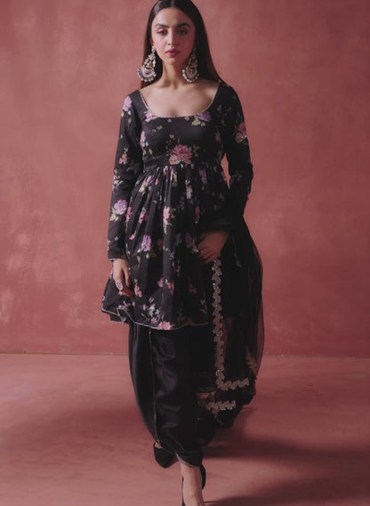 Black Floral Printed Peplum Style Punjabi Suit