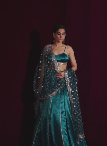 Teal Blue Embroidered Satin Lehenga