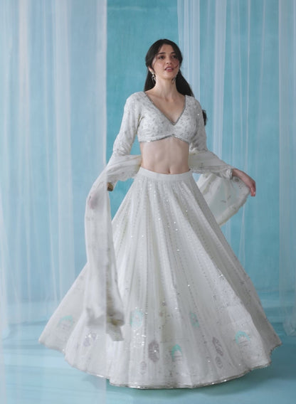 Off White Embroidered Georgette Lehenga