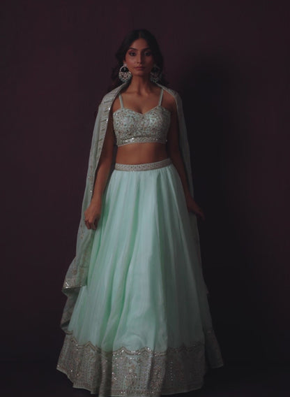 Mint Embroidered Organza Lehenga