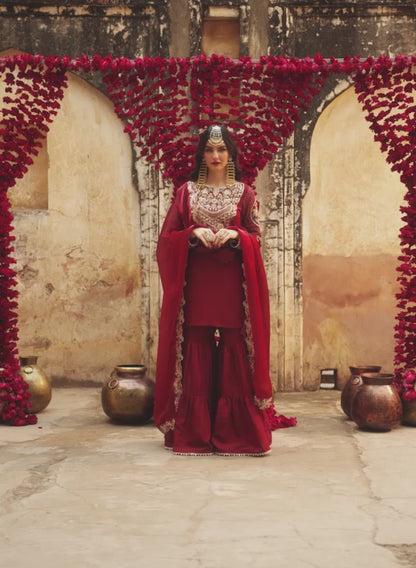 Maroon Embroidered Silk Gharara Suit