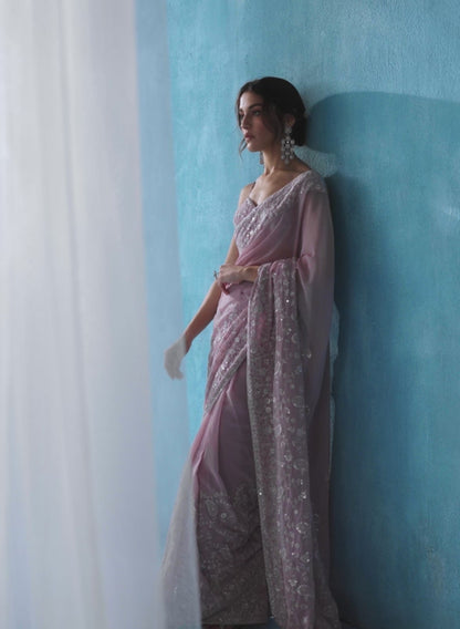 Dusty Pink Embroidered Georgette Saree