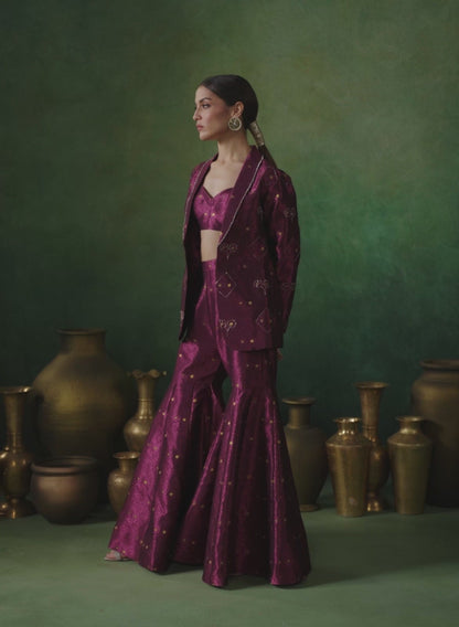 Purple Embroidered Gharara With Blazer