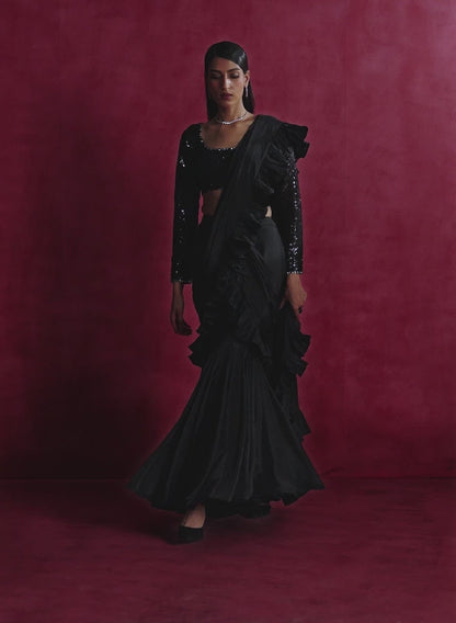 Black Ruffled Crepe Saree