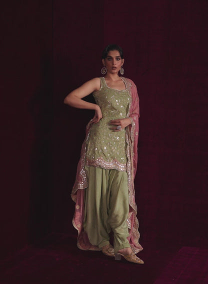 Light Green and Pink Embroidered Punjabi Suit