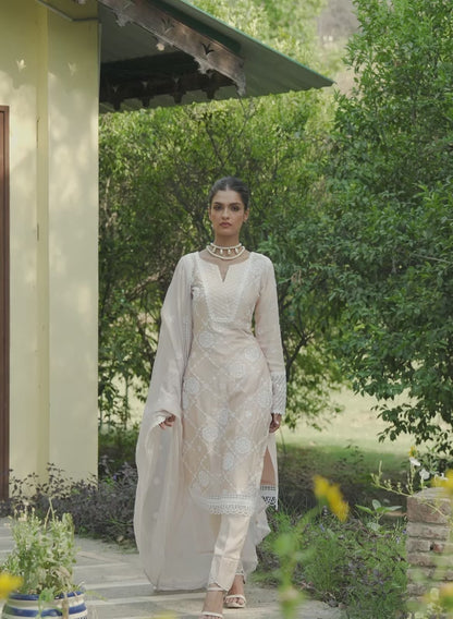 Nude Embroidered Cotton Straight Suit