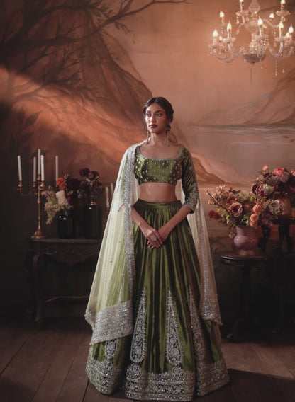 Green Embroidered Velvet Lehenga