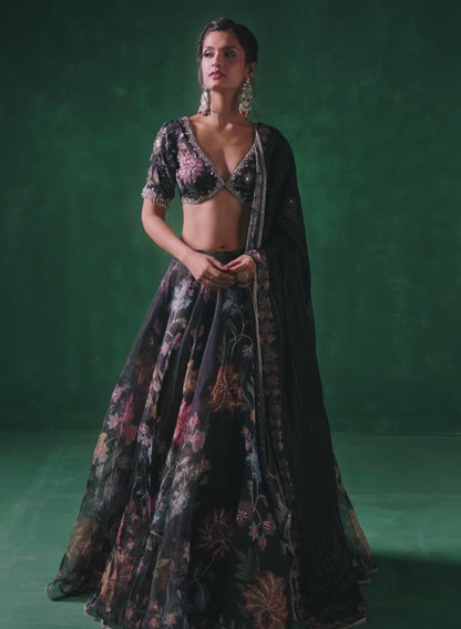 Black Multicolor Floral Printed Lehenga