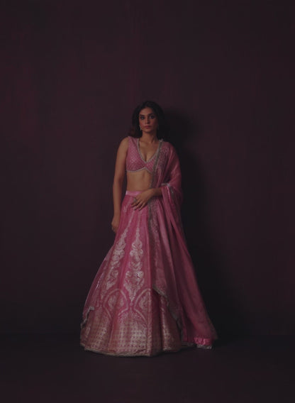 Pink Embroidered Organza Lehenga