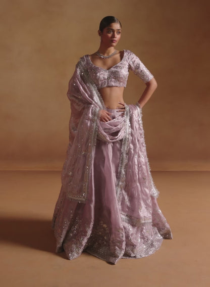 Lilac Embroidered Tissue Lehenga