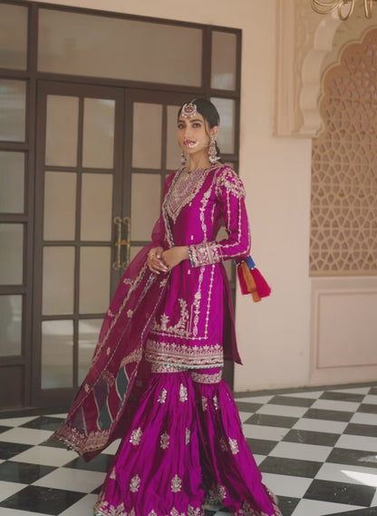 Deep Wine Embroidered Gharara Suit