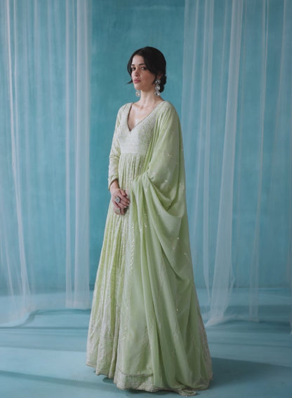 Mint Green Embroidered Lucknowi Anarkali