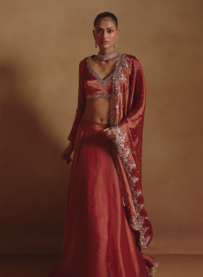 Rust Embroidered Tissue Lehenga