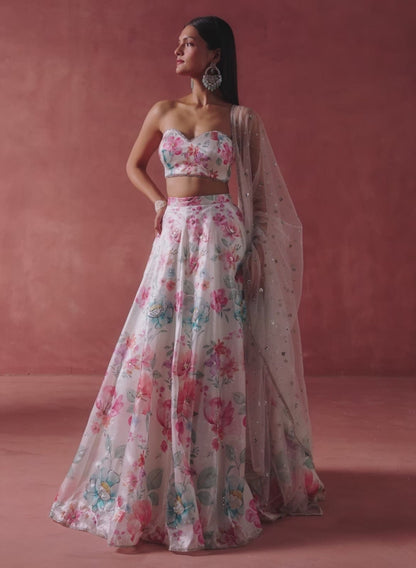 Off White Multicolor Floral Strapless Lehenga