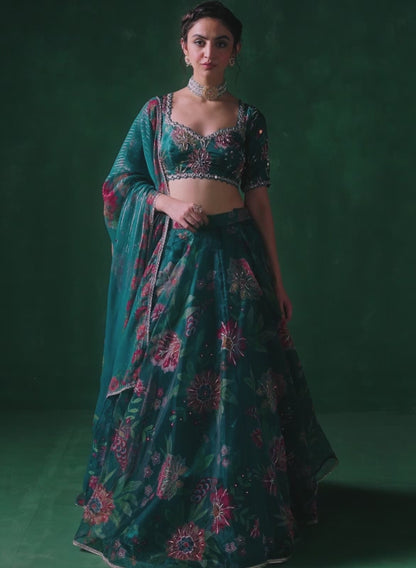 Teal Green Multicolor Floral Printed Lehenga