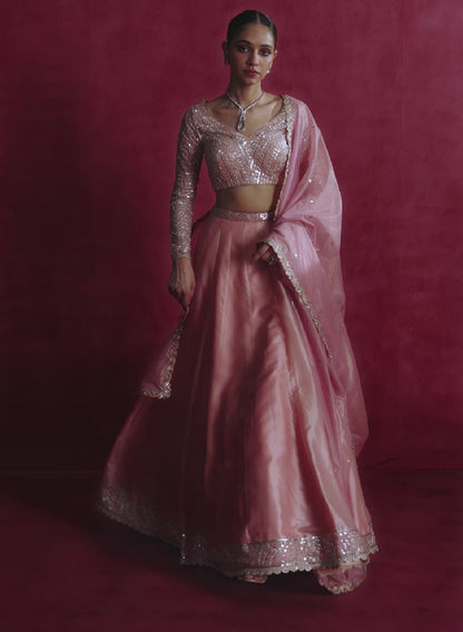 Peach Embroidered Crepe Lehenga