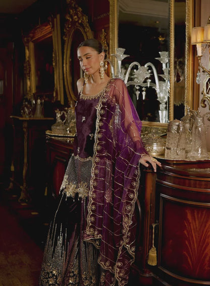 Purple Embroidered Velvet Sharara Suit