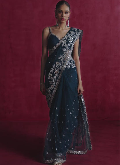 Teal Blue Embroidered Net Saree