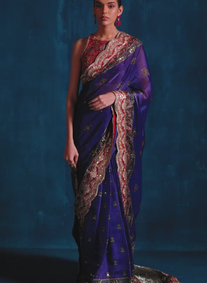 Red and Blue Embroidered Organza Saree