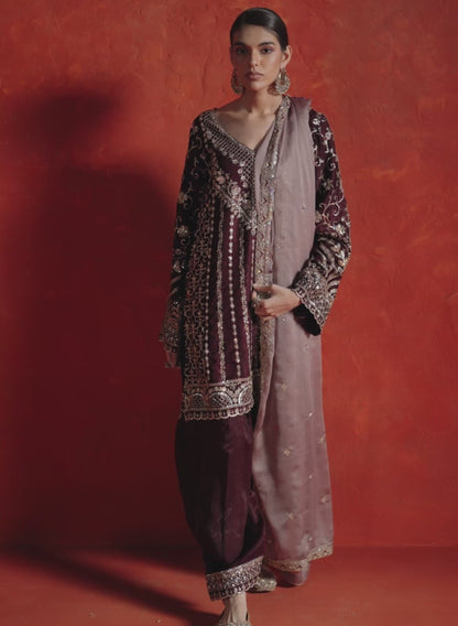 Wine and Mauve Embroidered Punjabi Suit