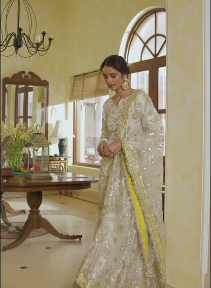 Cream and Gold Embroidered Gharara