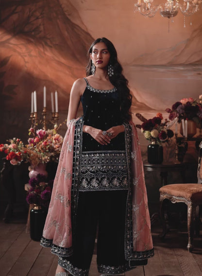 Deep Blue Embroidered Velvet Sharara