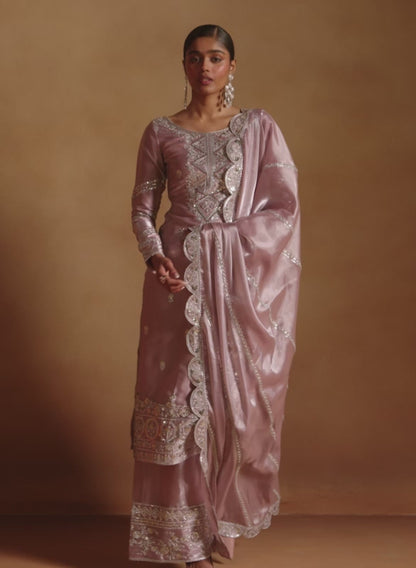 Dusty Pink Embroidered Tissue Palazzo Suit