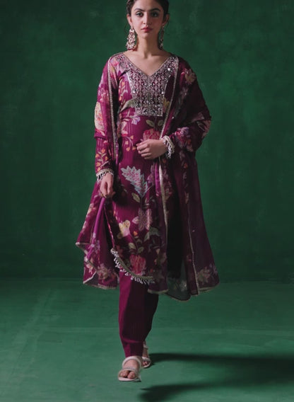 Magenta Floral Printed Straight Suit