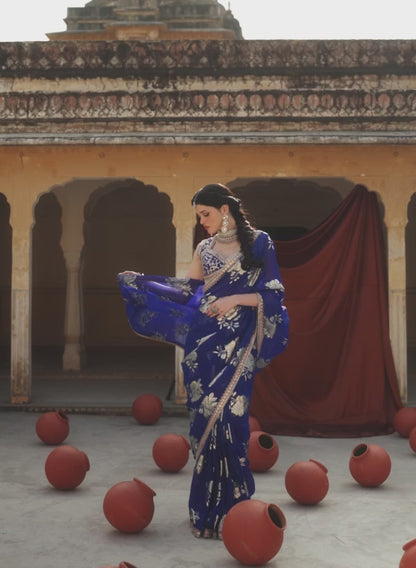 Royal Blue Embroidered Brocade Saree