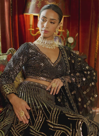 Black Embroidered Velvet Lehenga