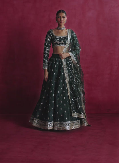 Bottle Green Embroidered Silk Lehenga