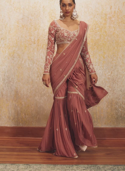 Dusty Rose Embroidered Gharara Style Saree