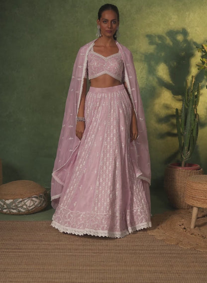 Lilac Embroidered Organza Lehenga