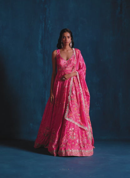 Pink Embroidered Crepe Silk Anarkali