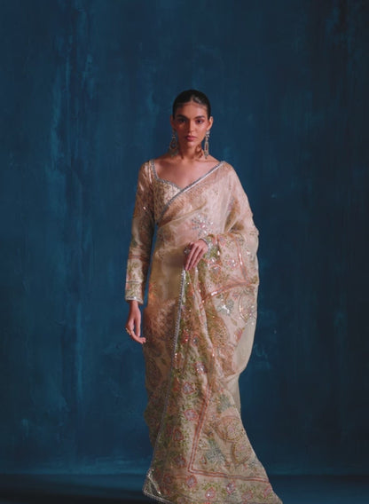 Light Yellow Embroidered Organza Saree