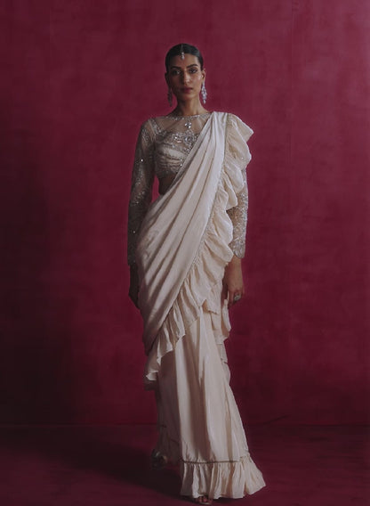 Nude Ruffled Crepe Saree