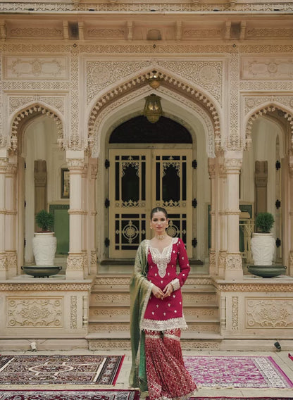 Maroon Embroidered Crepe Gharara Suit