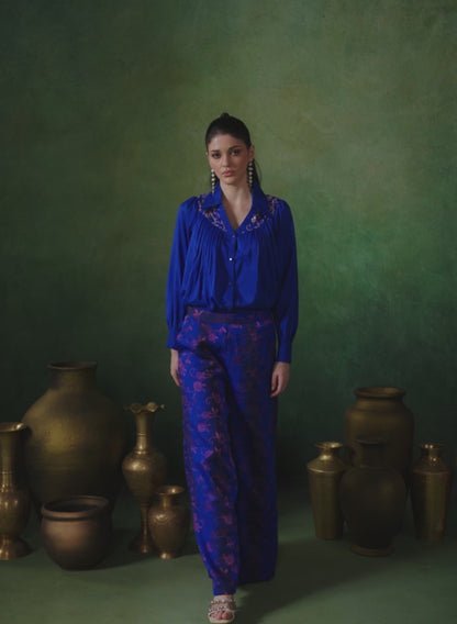 Royal Blue Embroidered Brocade Blouse and Pant Set