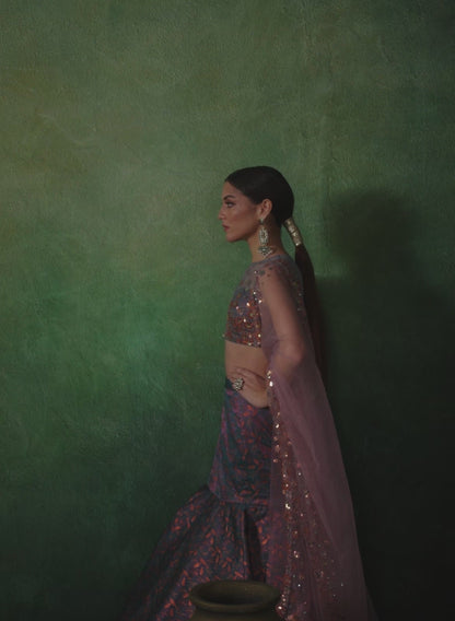 Grey Multicolor Fishcut Embroidered Brocade Lehenga