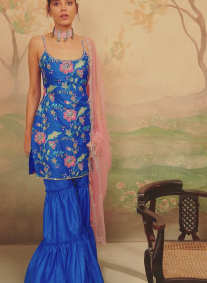 Blue and Pink Floral Printed Sharara Suit