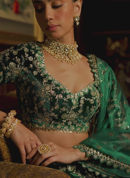 Teal Embroidered Velvet Lehenga