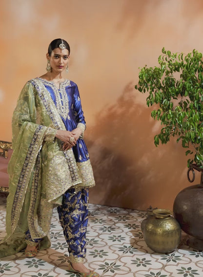 Blue and Light Green Embroidered Punjabi Suit