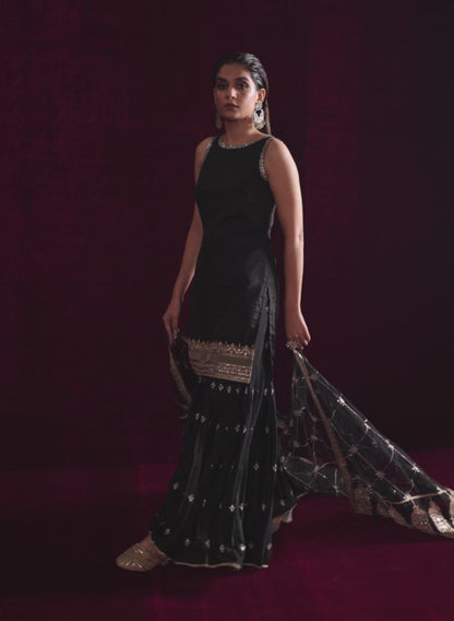 Black Embroidered Crepe Silk Gharara