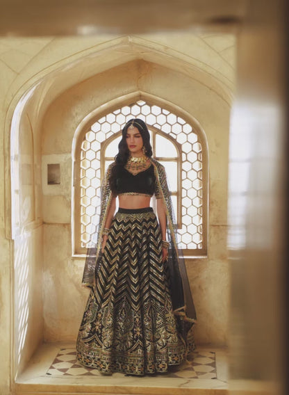 Black Embroidered Satin Organza Lehenga