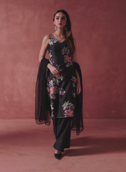 Black Multicolor Floral Printed Palazzo Suit