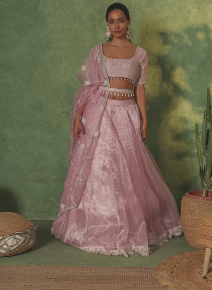 Light Mauve Embroidered Organza Lehenga